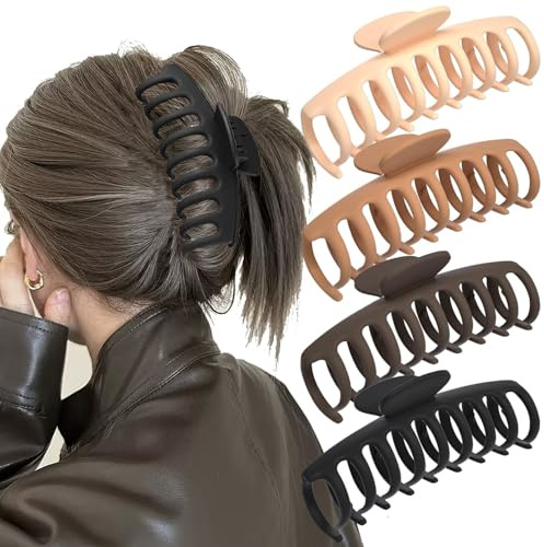 4 Pack Large Claw Clips for Thick Hair, 4.3 Inch Hair Clip For Thin Hair, Big Hair Clips For Girls and Women, Matte Claw Clips Non-slip with Comb Teeth Strong Hold, Neutral Hair Clips