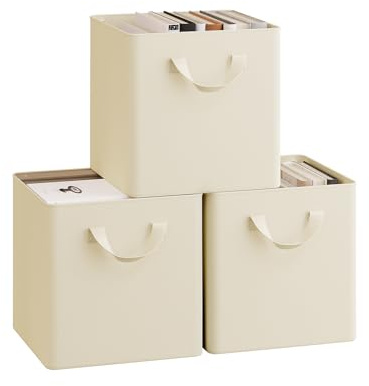 WOLTU Storage Boxes Set of 3, Storage Baskets, Folding Wardrobe Cube Boxes, with Handle and Metal Frame, for Living Room/Bedroom/Study, Linen, 26x26x26.5cm, Cream
