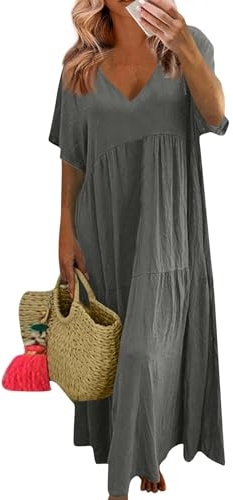 FUPODD Tunika Kleid Damen Sommer Sommerkleider Übergrösse Hohe Taille Musselin Kleid Plus Size Leinenkleid Fledermausärmel Schlichtes Sommerkleid Grosse Grössen Strandkleider Elegantes Leichtes