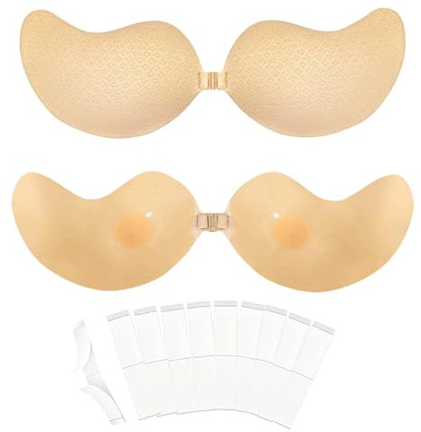 MUNSKT Sticky Bra Push Up Women's Strapless Self Adhesive Reusable Padded Invisible Sticky Push Up Bra 10PCS Double Sided Adhesive Tape (UK, Cup & Band, D, Standard, Khaki)