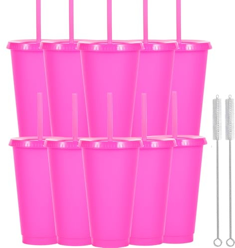Yisituo Lot de 10 gobelets avec couvercle et paille, 710 ml, réutilisables, en plastique, pour smoothies, café, fête et voyage (10, rouge rose)