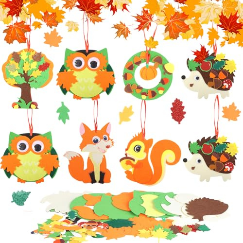 8 Stück Bastelsets für Kinder Herbst, Herbstbasteln Moosgummi Bastelset | Basteln Herbst Igel Eule Eichhörnchen Fuchs Ahornblatt Kränze für Herbstdeko, Jungen Mädchen 3-12 Jahre