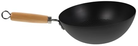 EXHUMKY Small Wrought Iron Wok Pan for Single Person Gas Stove Compatible Flat Bottom Stir Fry Skillet Easy to Clean Household Cookware for Healthy Cooking