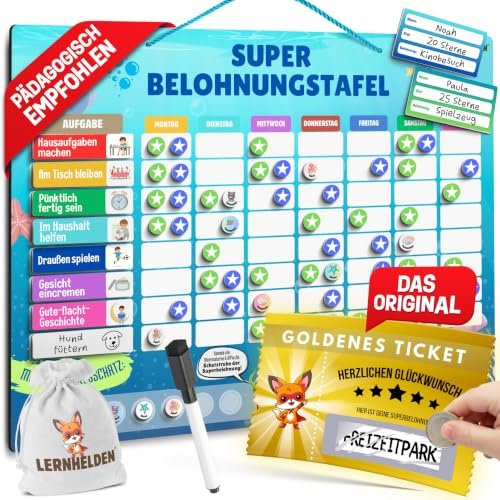 Belohnungstafel für Kinder 2026 - Magnetisches Belohnungssystem mit Tickets | Für bis zu 2 Kinder, 100 Aufgaben, +330 Magnete, 10 Goldene Tickets, 10 Rubbelsticker, fördert Selbstständigkeit und Routinen