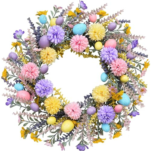 zjlmit Artificial Easter Wreath 20 Inch Easter Wreaths for Front Door with Colorful Eggs Yellow Daisy Purple Lavender and Green Leaves Egg Wreath for Porch Window Farmhouse and Party Decoration