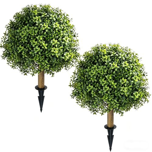 2Pcs Artificial Boxwood Topiary Balls Trees with Ground Spikes 24 Inch