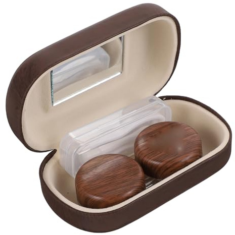 Operitacx Vintage Large Diameter Dual Contact Lens Case Leakproof Dark Brown Leather Texture Eye Lens Box with Lid Portable for Travel and Daily Storage