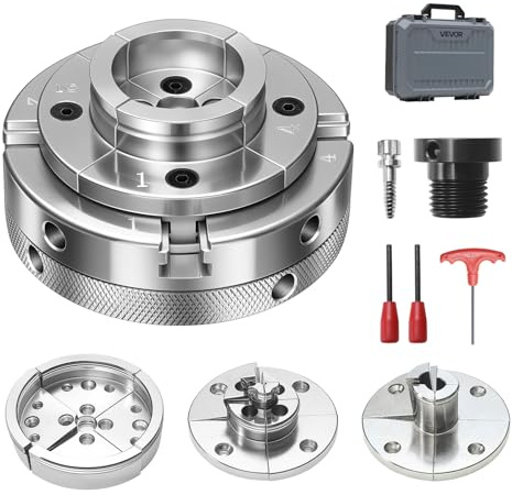 VEVOR 4 Inch Wood Lathe Chuck, 4-Jaw, Self-Centering Wood Turning Chuck Set with 1 x 8TPI Thread & Adapter, 4 PCS Round/Jaws/Pin Jaws, Case, Nickel-Plated, High-Hardness Steel, for Woodworking Lathe