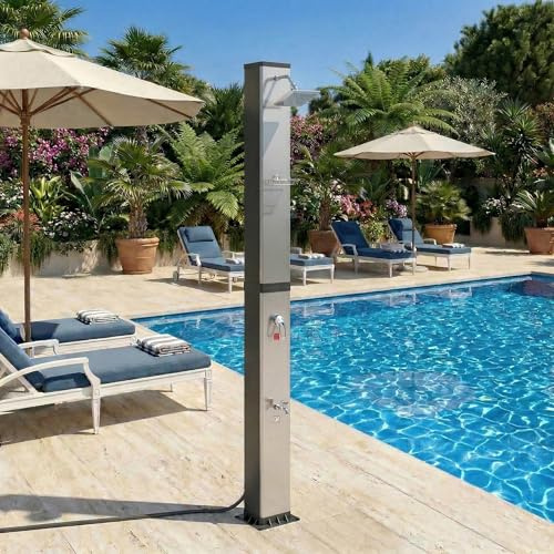 Suusolny Solardusche 40L für Garten & Pool,Außendusche Mit Schutzhülle & Regendusche & Waschhahn,Max. 60°C Wassertemperatur-Silber