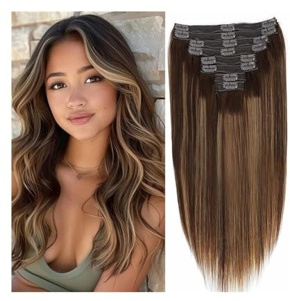 peluca Extensiones de cabello con reflejos color n.° 4/27, clip, humano liso, trama doble, 8 unidades Para adelgazar el cabello(24inches,120g-1 pack)