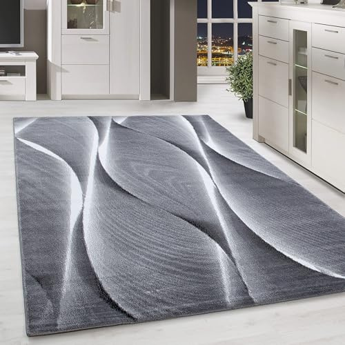 HomebyHome Teppich Läufer 80x150 cm Grau Modern Holz Optik Wellen Design Kurzflor für Wohnzimmer Schlafzimmer Esszimmer Küche Flur Jugendzimmer Waschbar Pflegeleicht Extra Weich