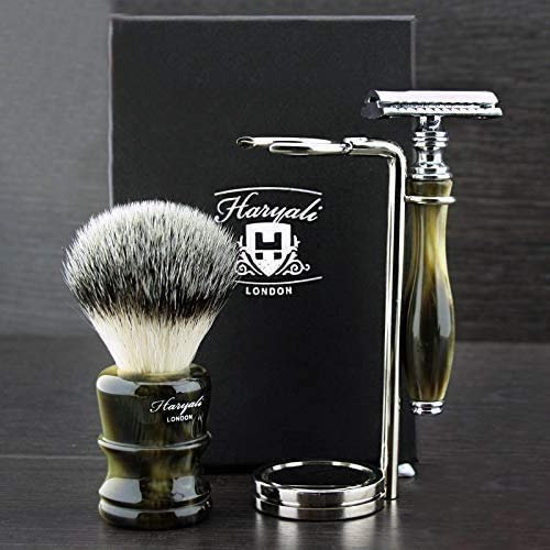 Horn Wet Shaving Set Classic Double Edge Safety Kit Synthetic Silver Tip Badger & DE Safety Razor - Stunning Horn Replica Resin Handles by Haryali London