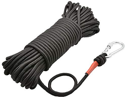 Pesca de Cuerda Magnética con Mosquetón, 65 Pies (20 Metros) Cordón de Nylon de Alta Resistencia para Todo Uso, Cuerda Duradera, Cuerda Pesada con Bloqueo de Seguridad, Diámetro 8mm, Negro