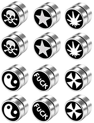 JewelryWe Schmuck 3/6 Paar Magnet Ohrringe Set Edelstahl Rund Fake Plug Magnetische Ohrstecker für Herren Damen Ohr Clips Tunnel Non-Piercing Schwarz/Silber 10MM