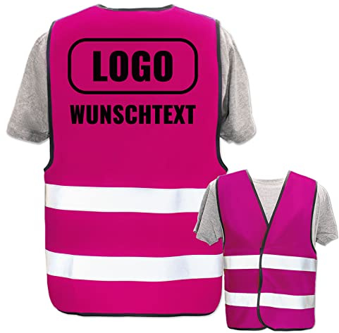 Warnweste selbst gestalten mit eigenem Aufdruck * Bedruckt mit Name Text Bild Logo Firma, Position & Druckart:Rücken/Standard-Druck, Farbe & Größe:Pink/Größe S