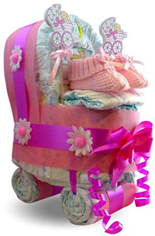 Tiernos Momentos Windeltorte Kinderwagen Für Mädchen - 28 Dodot Windeln Größe 3 (4-10 kg), 1 Paar Baby Booties, 2 Picks, Rosa, 1 Stück
