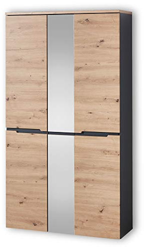 Stella Trading MEMPHIS Garderobenschrank mit Spiegel in Artisan Eiche Optik, Graphit - Moderner Flurgarderoben Schrank mit viel Stauraum - 105 x 192 x 38 cm (B/H/T)