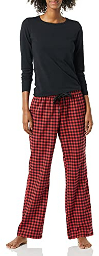 Amazon Essentials Pyjama avec Pantalon Léger en Flanelle et T-Shirt à Manches Longues Femme, Rouge/Noir, Carreaux Lainés Mini, XS