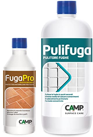 Camp PULIFUGA, Pulitore concentrato per fughe ideale per pavimenti e rivestimenti, Elimina annerimenti, macchie e muffe, 1 L + Trattamento protettivo