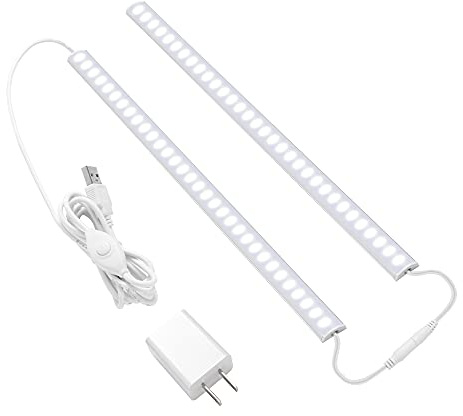 JUSJUBR Plug-in Under Cabinet Lighting, 2pcs 12 Inch Dimmable Closet Light, Cold White 6000K Linkable USB LED Light Bar, Memory Function, Under Counter Lights for Kitchen, Desk, Workspace