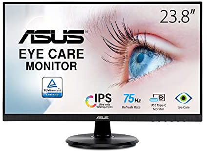 ASUS VA24DCP Eye Care Monitor da 23,8 Full HD, IPS, senza cornice, USB-C, 65W PD, 75Hz, Adaptive-Sync/FreeSync, luce blu bassa, senza sfarfallio, montabile a parete