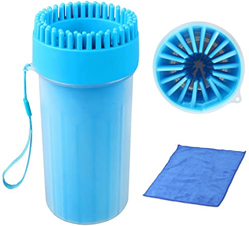 SONEER Pfotenreiniger für Hunde, Tragbare Hundepfoten Reiniger, Silikon Haustierpfotenreiniger mit Handtuch für Katzen und Hunde Paw Washer (10 * 17CM)