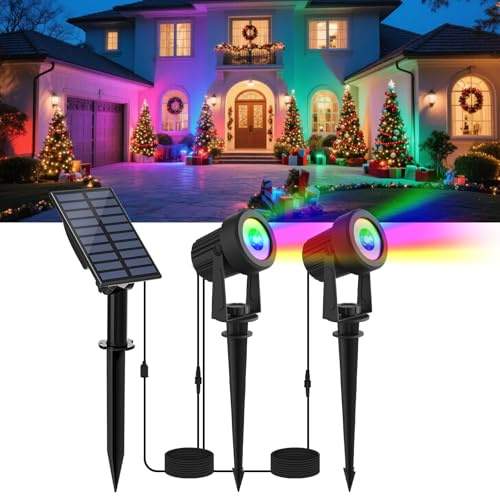 NATPOW Solarstrahler für Außen Garten, RGB Gartenstrahler Solar IP65 Wasserdicht Farbwechsel Gartenbeleuchtung Gartenlampe Dusk to Dawn Solar Gartenleuchte für Bäume Terrasse(2 in 1)