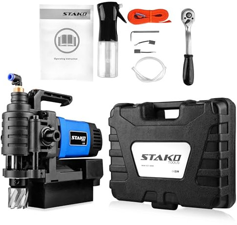 STAKO Magnetbohrmaschine mit Niedrigem Profil 1650 W mit Koffer KCY-38DM – tragbare Kernbohrmaschine für Metallbearbeitung – mit Weldon 19 mm – Leicht 8 kg – Magnetkraft 14500 N – Kernbohrgerät