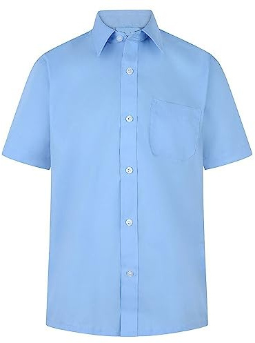 L S U Boys Dress School Shirts Short Sleeve Long Sleeve in Blue & White Colour (18 Years (16 Collar Size), Blue Short Sleeve)