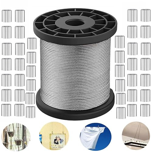 Stahlseil 100m 1.5mm,Drahtseil 304 Edelstahl - 7x7 Weich/Flexibel, 40 Stk M1 Alu Crimpschlaufenhülse für Stahlseil Aufhängung Gardinen Vorhang Drahtstange Edelstahlkabel (100m X 1.5mm)