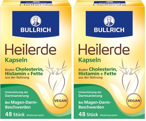 Bullrich Heilerde Kapseln | Linderung von Magen-Darm-Beschwerden und Unterstützung bei der Darmsanierung | Bindet Cholesterin + Fette aus der Nahrung | Vegan | 48 Stück(2er Pack)