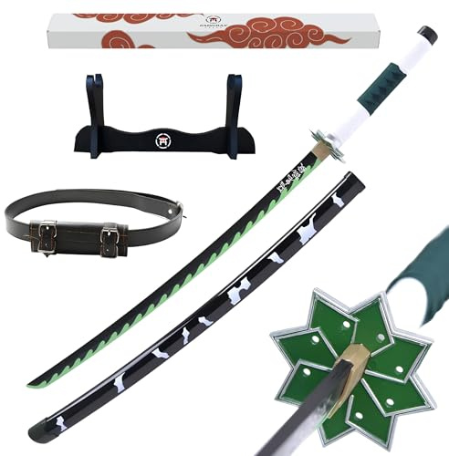 Hashiman Katana Demon replika manga sabel + svärdstativ trä + bälte - japansk catana cosplay dekoration leksak barn vuxen - Ninja deco utklädningsspel (Sanemi Shinazugawa)