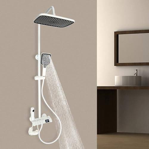 Sistema de Ducha Moderno - Grifo de Acero Inoxidable, Efecto Lluvia, Masaje, Alcachofa de Mano, Panel LED, Columna para Casa y Hotel - Blanco/Gris