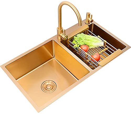 304 Edelstahl-Küchen-Doppelwaschbecken, Doppelschüsseln, Balkon-Doppelwaschbecken, Goldenes Nano-Quadrat-Doppelwaschbecken, Leicht Zu Reinigen, Einschließlich Wasserhahn (Farbe: Gold, Größe: