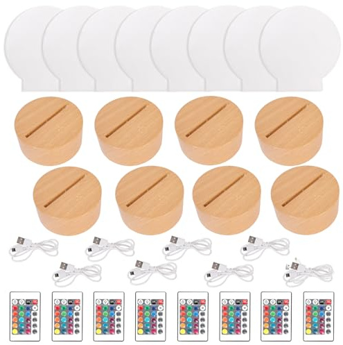 BUWUSMU 8 Pieces Clear Acrylic Sheets and 8 Pieces 3D Night LED Light Lamp Base with Remote Control and USB Cable, DIY Acrylic Lamp Base Set for Valentine Room Bar Decoration, Wood Color(Round)
