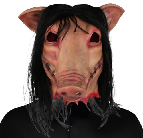 AENEY Gruselige Sägemaske, Halloween-Puppen-Puzzle-Maske, Horror-Maske, voller Kopf mit Haaren, gruselige Party-Cosplay-Kostüm-Requisiten (Saw Pig-1)