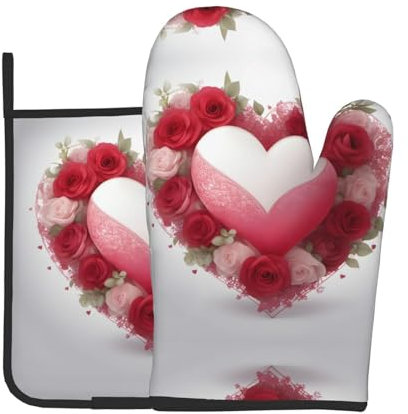 YYHWHJDE Set di 2 guanti da forno e presine romantici con immagine di cuore, utilizzati per aprire i coperchi delle pentole in cucina e per trasportare piatti dal forno a microonde