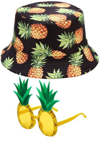 1 fiskarhatt för kvinnor, 1 par ananasglasögon, ananas-mönster solhatt, söt solhatt för kvinnor, sommarhatt, Svart, S-M