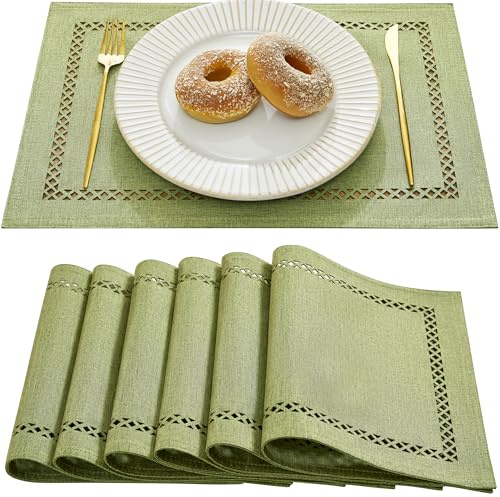 Aoztio Salvamanteles Individuales Juego de 6, 30 x 45 cm, Verde Salvia | Manteles Individuales Lavables, Textura de Lino, Diseño Geométrico Calado, para Cocina, Comedor o Restaurante