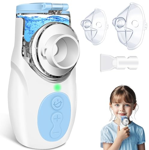 VKFOFEG Aerosol Portatile Silenzioso per Adulti e Bambini, USB-C Ricaricabile Nebulizzatore Aerosol con 2 Maschere e Boccaglio, Velocità di Atomizzazione Regolabile per Viaggi e Uso Domestico (Blu)