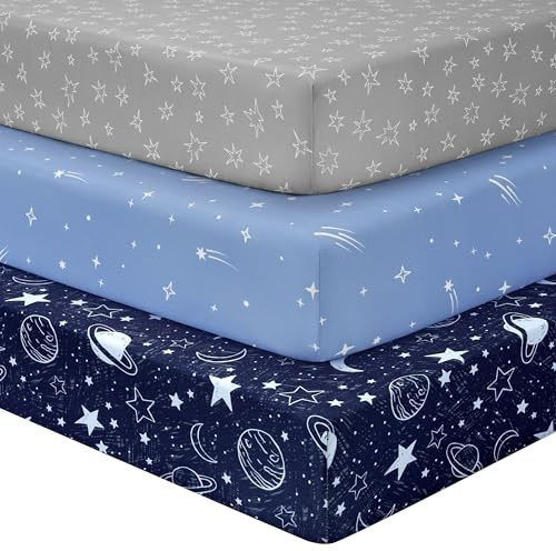 Unnivoll Cot Sheets 120 x 60 cm Fitted Super Soft & Breathable Toddler Bed Sheets Cozy Baby Cot Bed Sheets 3 Pack Dark Blue Planet