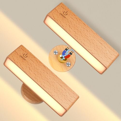 Battery Operated Wall Lights, Magnetic Wireless Wall Sconces, Rechargeable Wall Lights Indoor 360° Rotatable, Dimmable Wall Lamp, No Wire Wall Light for Bedroom, Living Room (Beech Wood, 2 Pack)