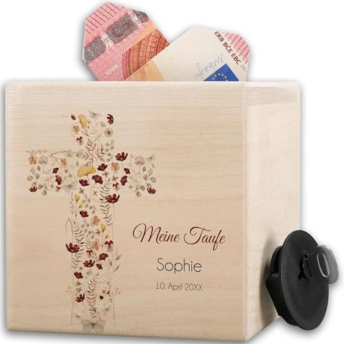 Holz Spardose Meine Taufe | Taufgeschenke für Mädchen | Personalisiertes Taufgeschenk | Taufspardose | Taufsparkasse | Tauf Spardose - 10x10cm - Holz - sparschwein geldgeschenk taufen spardosen