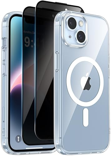 Helssitot Funda Magnétique para iPhone 13 / iPhone 14 (6.1 Pulgadas) con 2 Protector Pantalla de Privacidad [Protección Militar] Anti-Amarillo Anti-Arañazos Carcasa Thin Anti-Shock,Transparent