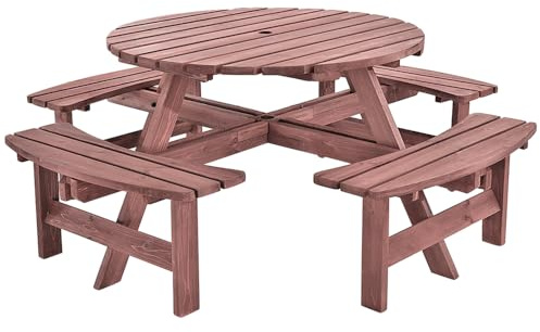 Panana 8 Seater Round Wooden Dining Picnic Table with Matching Bench Patio Furniture Set with Parasol Hole for Family Gatherings and Garden Parties