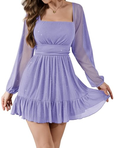 Bridesmay Vestido de manga larga para mujer, cuello cuadrado, holgado, corto, acampanado, casual, vestido de fiesta con dobladillo con volantes, morado, L