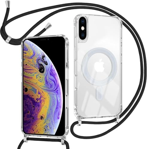 ZYIMOU für iPhone XS/iPhone X Hülle mit Band Kompatibel mit MagSafe, Transparent Magnetische Handyhülle mit Kordel zum Umhängen Handyband Stossfest Schutzhülle，Kette Schwarz