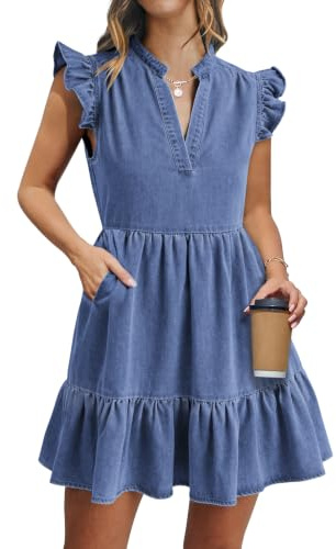Fengbay Denim Dresses for Women V Neck Elastic Waist Tiered Jean Dress | Tiered Ruffle Hem with Pockets, Short Sleeve A Line Dress Suitable For Summer Daily Holiday Party Wear