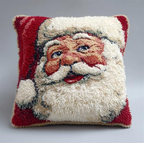 Taxpy Latch Hook Kits Pillow Santa Claus Crochet Yarn Cushion Colour Pre-Printed Canvas Rug Needlework DIY Pillowcase Hook and Latch Kit Christmas Home Arts Crafts Sofa Decoration 43X43Cm/17 X17In