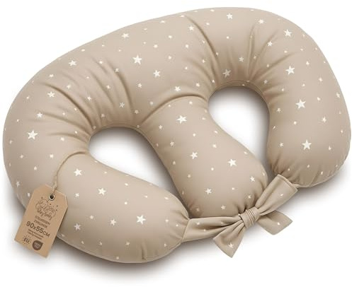 Totsy Baby Cuscino allattamento gemellare - 90x50 cm - Cuscino per gemelli Guanciale ergonomico multifunzionale per allattare e posizionamento neonati maternità Oeko-Tex Beige con stelle bianche